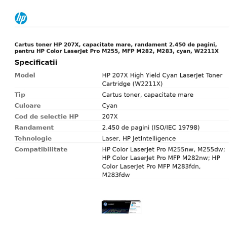Cartus toner HP 207X, capacitate mare, randament 2.450 de pagini, pentru HP Color LaserJet Pro M255, MFP M282, M283, cyan, W2211X [2]