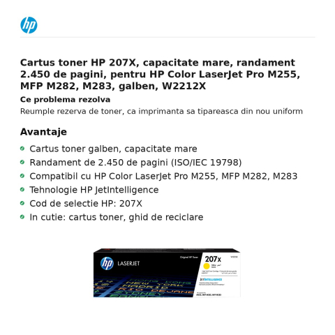 Cartus toner HP 207X, capacitate mare, randament 2.450 de pagini, pentru HP Color LaserJet Pro M255, MFP M282, M283, galben, W2212X [1]