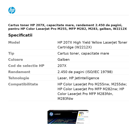 Cartus toner HP 207X, capacitate mare, randament 2.450 de pagini, pentru HP Color LaserJet Pro M255, MFP M282, M283, galben, W2212X [2]