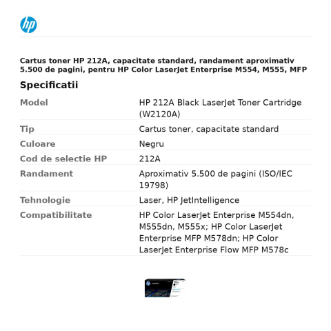 Cartus toner HP 212A, capacitate standard, randament aproximativ 5.500 de pagini, pentru HP Color LaserJet Enterprise M554, M555, MFP M578, negru, W2120A [2]