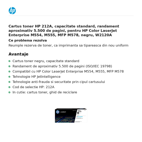 Cartus toner HP 212A, capacitate standard, randament aproximativ 5.500 de pagini, pentru HP Color LaserJet Enterprise M554, M555, MFP M578, negru, W2120A [1]