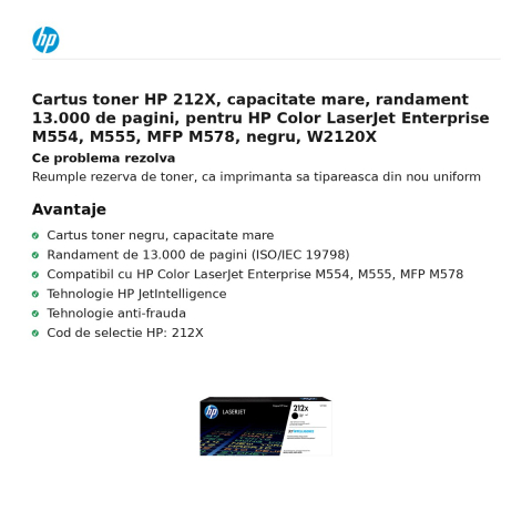 Cartus toner HP 212X, capacitate mare, randament 13.000 de pagini, pentru HP Color LaserJet Enterprise M554, M555, MFP M578, negru, W2120X [1]