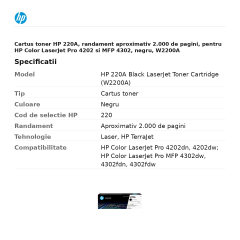 Cartus toner HP 220A, randament aproximativ 2.000 de pagini, pentru HP Color LaserJet Pro 4202 si MFP 4302, negru, W2200A [2]
