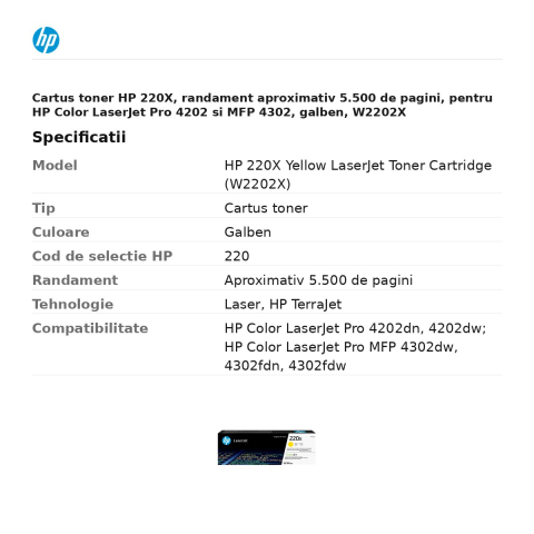 Cartus toner HP 220X, randament aproximativ 5.500 de pagini, pentru HP Color LaserJet Pro 4202 si MFP 4302, galben, W2202X [2]