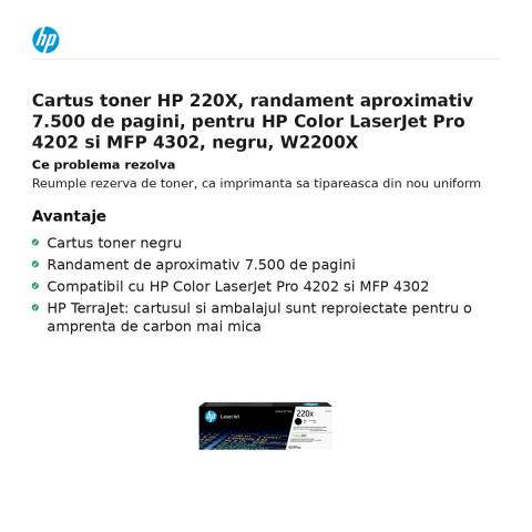 Cartus toner HP 220X, randament aproximativ 7.500 de pagini, pentru HP Color LaserJet Pro 4202 si MFP 4302, negru, W2200X [1]