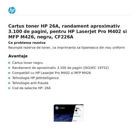 Cartus toner HP 26A, randament aproximativ 3.100 de pagini, pentru HP LaserJet Pro M402 si MFP M426, negru, CF226A [1]