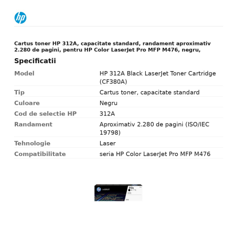 Cartus toner HP 312A, capacitate standard, randament aproximativ 2.280 de pagini, pentru HP Color LaserJet Pro MFP M476, negru, CF380A [2]