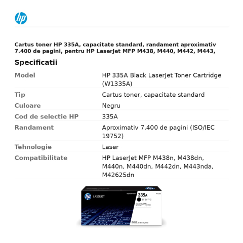 Cartus toner HP 335A, capacitate standard, randament aproximativ 7.400 de pagini, pentru HP LaserJet MFP M438, M440, M442, M443, M42625, negru, W1335A [2]