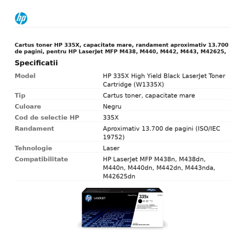 Cartus toner HP 335X, capacitate mare, randament aproximativ 13.700 de pagini, pentru HP LaserJet MFP M438, M440, M442, M443, M42625, negru, W1335X [2]