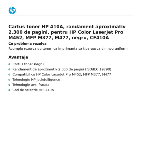 Cartus toner HP 410A, randament aproximativ 2.300 de pagini, pentru HP Color LaserJet Pro M452, MFP M377, M477, negru, CF410A [1]
