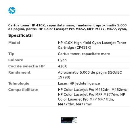 Cartus toner HP 410X, capacitate mare, randament aproximativ 5.000 de pagini, pentru HP Color LaserJet Pro M452, MFP M377, M477, cyan, CF411X [2]