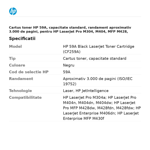 Cartus toner HP 59A, capacitate standard, randament aproximativ 3.000 de pagini, pentru HP LaserJet Pro M304, M404, MFP M428, Enterprise M406, MFP M430, negru, CF259A [2]