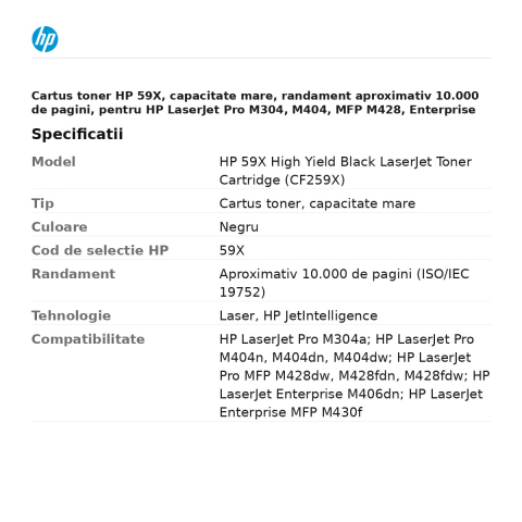 Cartus toner HP 59X, capacitate mare, randament aproximativ 10.000 de pagini, pentru HP LaserJet Pro M304, M404, MFP M428, Enterprise M406, MFP M430, negru, CF259X [2]