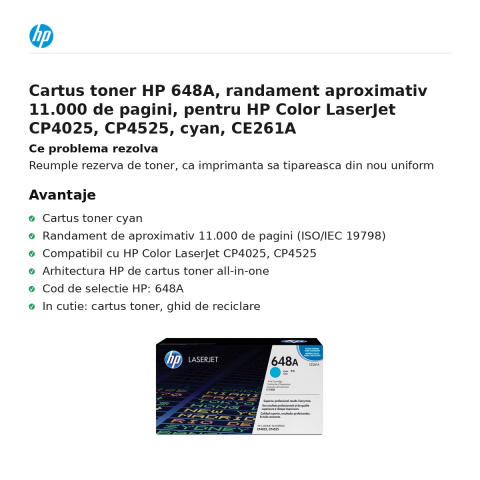Cartus toner HP 648A, randament aproximativ 11.000 de pagini, pentru HP Color LaserJet CP4025, CP4525, cyan, CE261A [1]