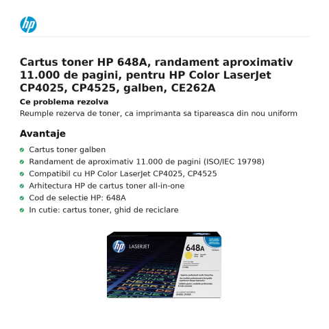 Cartus toner HP 648A, randament aproximativ 11.000 de pagini, pentru HP Color LaserJet CP4025, CP4525, galben, CE262A [1]