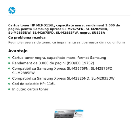 Cartus toner HP MLT-D116L, capacitate mare, randament 3.000 de pagini, pentru Samsung Xpress SL-M2675FN, SL-M2825ND, SL-M2835DW, SL-M2875FD, SL-M2885FW, negru, SU828A [1]