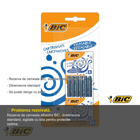 Cartuse cerneala albastra Bic, rezerve standard sigilate cu bila, set 24 bucati blister, compatibile stilouri si rollere [1]