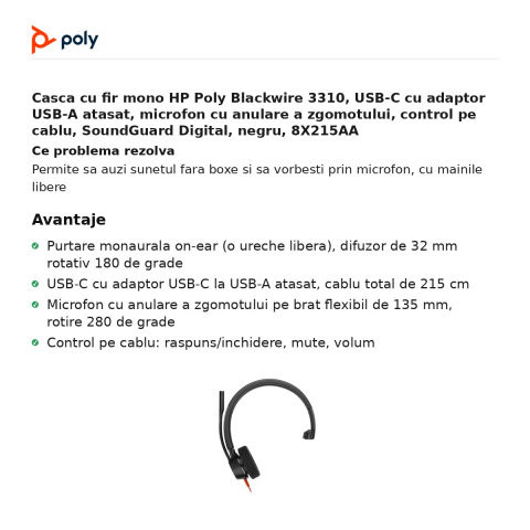 Casca cu fir mono HP Poly Blackwire 3310, USB-C cu adaptor USB-A atasat, microfon cu anulare a zgomotului, control pe cablu, SoundGuard Digital, negru, 8X215AA [1]