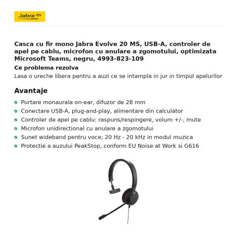 Casca cu fir mono Jabra Evolve 20 MS, USB-A, controler de apel pe cablu, microfon cu anulare a zgomotului, optimizata Microsoft Teams, negru, 4993-823-109 [1]