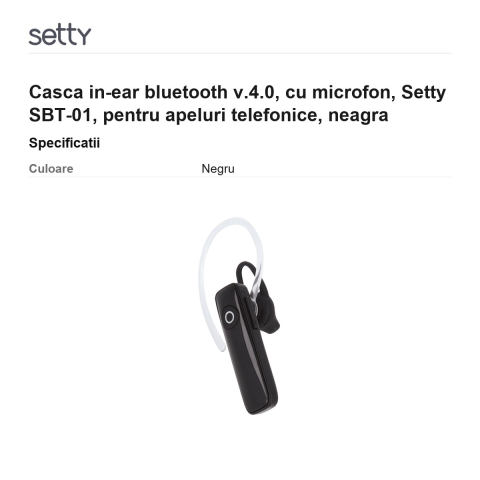 Casca in-ear bluetooth v.4.0, cu microfon, Setty SBT-01, pentru apeluri telefonice, neagra [2]