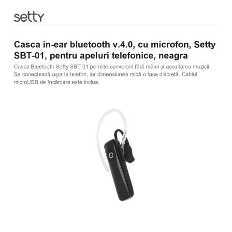 Casca in-ear bluetooth v.4.0, cu microfon, Setty SBT-01, pentru apeluri telefonice, neagra [1]