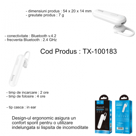 Casca wireless in-ear, cu microfon, Hoco Free Sound E36, Bluetooth v.4.2, baterie 70 mAh, alba [4]