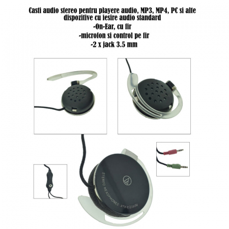 Casti audio stereo On-ear, ATH-EQ300M, cu microfon, 2 x conectori jack 3.5mm, cablu 215 cm, negre [4]