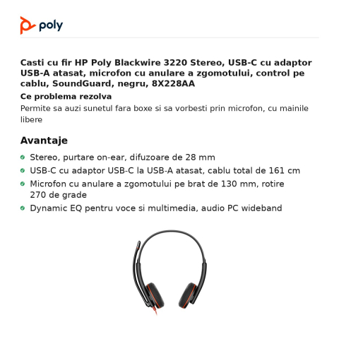 Casti cu fir HP Poly Blackwire 3220 Stereo, USB-C cu adaptor USB-A atasat, microfon cu anulare a zgomotului, control pe cablu, SoundGuard, negru, 8X228AA [1]