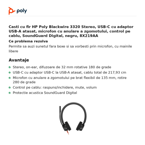 Casti cu fir HP Poly Blackwire 3320 Stereo, USB-C cu adaptor USB-A atasat, microfon cu anulare a zgomotului, control pe cablu, SoundGuard Digital, negru, 8X219AA [1]