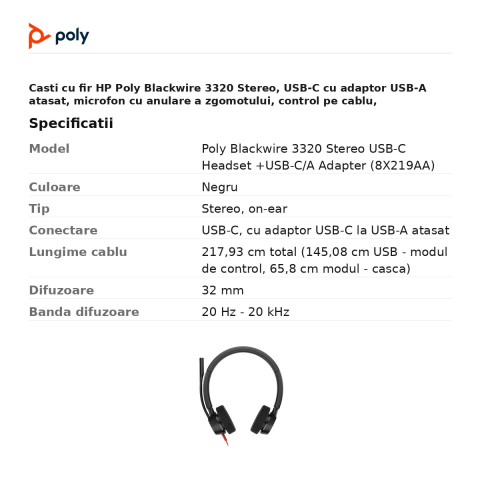 Casti cu fir HP Poly Blackwire 3320 Stereo, USB-C cu adaptor USB-A atasat, microfon cu anulare a zgomotului, control pe cablu, SoundGuard Digital, negru, 8X219AA [2]