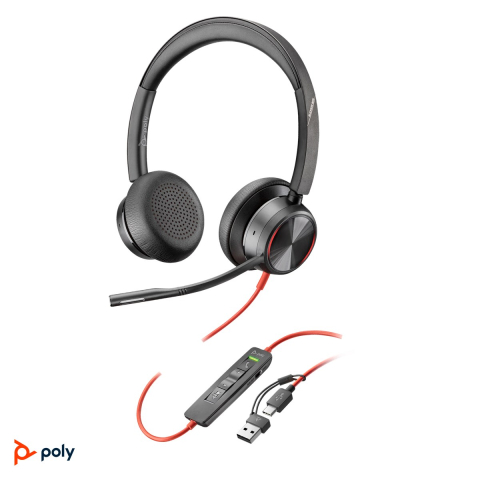 Casti - Casti cu fir HP Poly Blackwire 8225 Stereo cu ANC hibrid, USB-C cu adaptor USB-A atasat, microfon cu Acoustic Fence, husa de transport, negru, 8X223AA