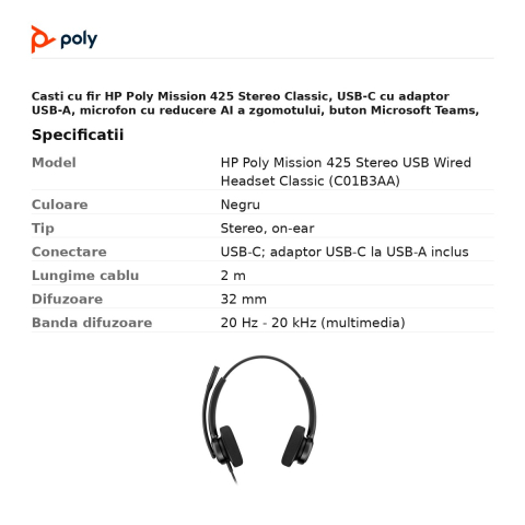 Casti cu fir HP Poly Mission 425 Stereo Classic, USB-C cu adaptor USB-A, microfon cu reducere AI a zgomotului, buton Microsoft Teams, SoundGuard Digital, negru, C01B3AA [2]