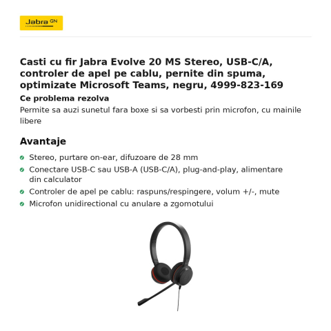 Casti cu fir Jabra Evolve 20 MS Stereo, USB-C/A, controler de apel pe cablu, pernite din spuma, optimizate Microsoft Teams, negru, 4999-823-169 [1]