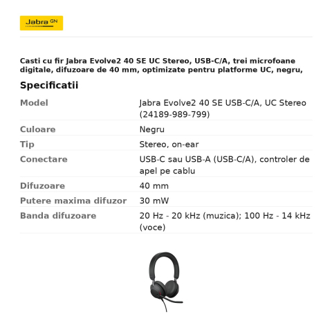 Casti cu fir Jabra Evolve2 40 SE UC Stereo, USB-C/A, trei microfoane digitale, difuzoare de 40 mm, optimizate pentru platforme UC, negru, 24189-989-799 [2]