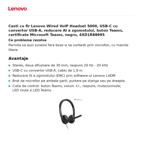 Casti cu fir Lenovo Wired VoIP Headset 5000, USB-C cu convertor USB-A, reducere AI a zgomotului, buton Teams, certificate Microsoft Teams, negru, 4XD1R88995 [1]