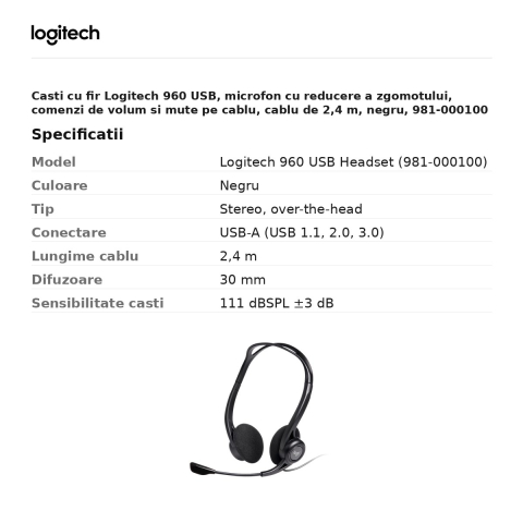 Casti cu fir Logitech 960 USB, microfon cu reducere a zgomotului, comenzi de volum si mute pe cablu, cablu de 2,4 m, negru, 981-000100 [2]