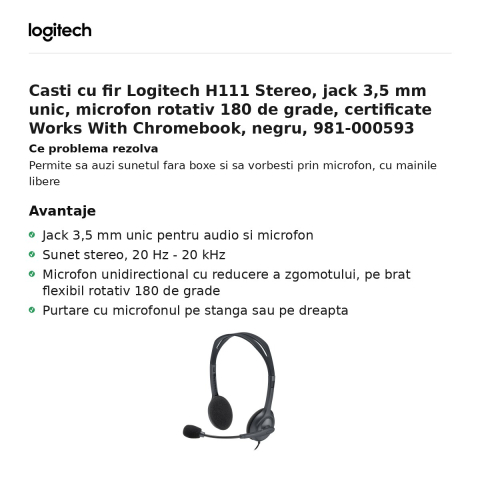 Casti cu fir Logitech H111 Stereo, jack 3,5 mm unic, microfon rotativ 180 de grade, certificate Works With Chromebook, negru, 981-000593 [1]