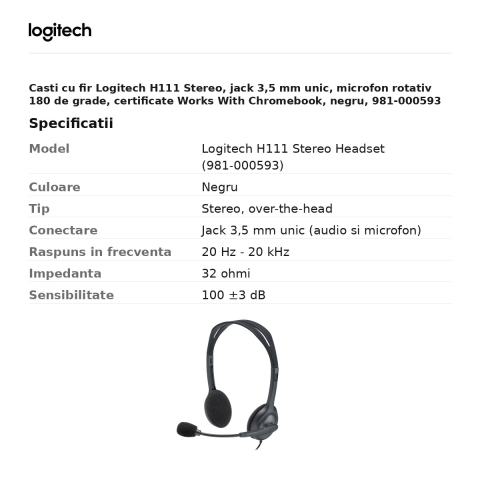 Casti cu fir Logitech H111 Stereo, jack 3,5 mm unic, microfon rotativ 180 de grade, certificate Works With Chromebook, negru, 981-000593 [2]