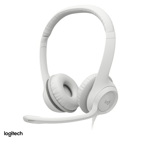 Casti - Casti cu fir Logitech H390 USB-A, difuzoare de 30 mm, microfon cu reducere a zgomotului, comenzi pe cablu, pernite din imitatie de piele, alb crem, 981-001286