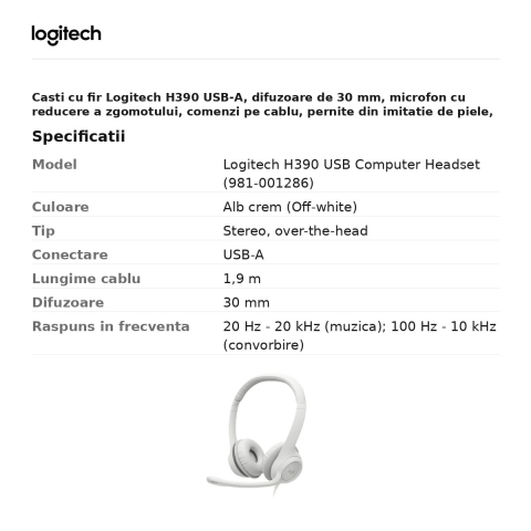 Casti cu fir Logitech H390 USB-A, difuzoare de 30 mm, microfon cu reducere a zgomotului, comenzi pe cablu, pernite din imitatie de piele, alb crem, 981-001286 [2]
