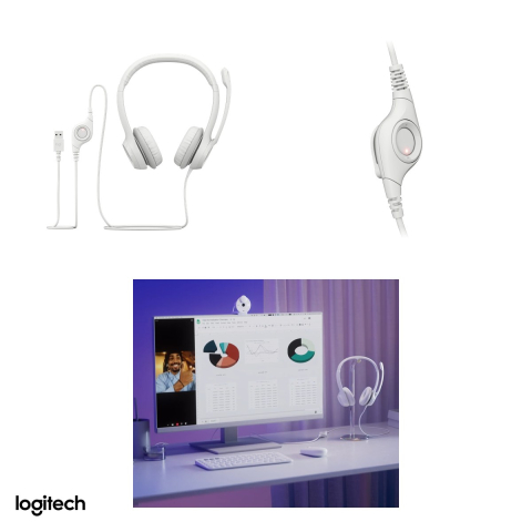 Casti cu fir Logitech H390 USB-A, difuzoare de 30 mm, microfon cu reducere a zgomotului, comenzi pe cablu, pernite din imitatie de piele, alb crem, 981-001286 [4]