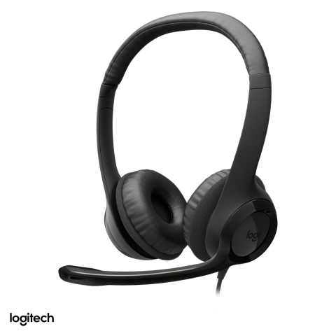 Casti - Casti cu fir Logitech H390 USB-A, difuzoare de 30 mm, microfon cu reducere a zgomotului, comenzi pe cablu, pernite din imitatie de piele, negru, 981-000406