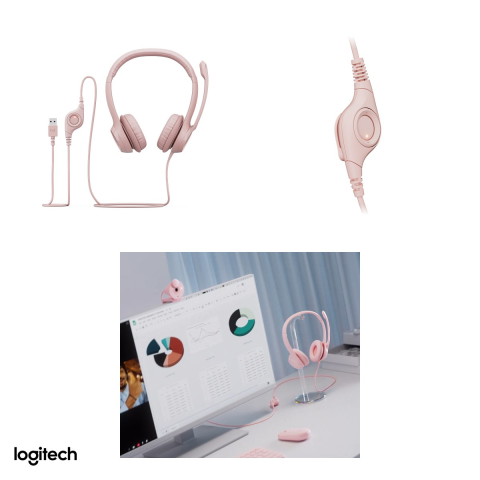 Casti cu fir Logitech H390 USB-A, difuzoare de 30 mm, microfon cu reducere a zgomotului, comenzi pe cablu, pernite din imitatie de piele, roz, 981-001281 [4]