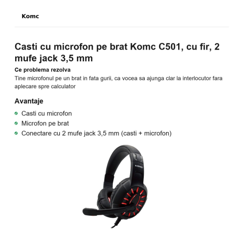 Casti cu microfon pe brat Komc C501, cu fir, 2 mufe jack 3,5 mm [1]