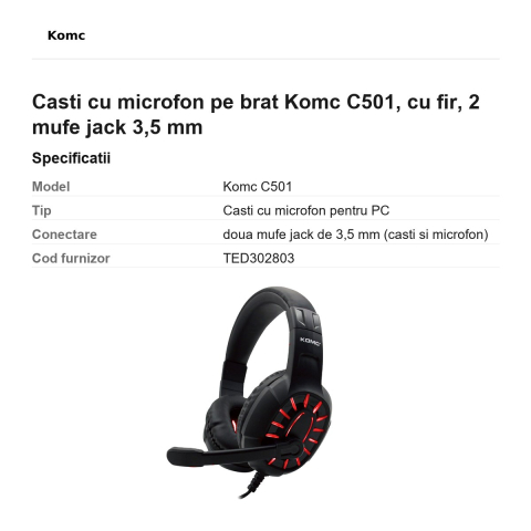 Casti cu microfon pe brat Komc C501, cu fir, 2 mufe jack 3,5 mm [2]