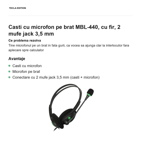 Casti cu microfon pe brat MBL-440, cu fir, 2 mufe jack 3,5 mm [1]