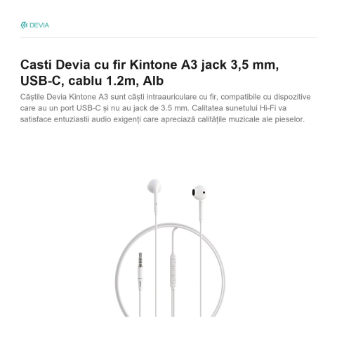 Casti Devia cu fir Kintone A3 jack 3,5 mm, USB-C, cablu 1.2m, Alb [1]