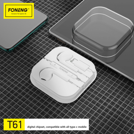 Casti Foneng T61 cu conector USB-C, microfon HD, cablu 1.2 m, In-Ear, control muzica/apeluri, cutie transport, in blister, albe [5]