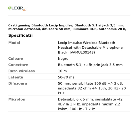Casti gaming Bluetooth Lexip Impulse, Bluetooth 5.1 si jack 3,5 mm, microfon detasabil, difuzoare 50 mm, iluminare RGB, autonomie 28 h, negru, JVAMUL00143 [2]