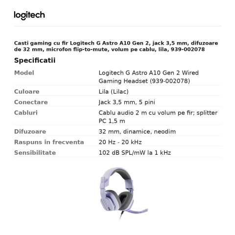 Casti gaming cu fir Logitech G Astro A10 Gen 2, jack 3,5 mm, difuzoare de 32 mm, microfon flip-to-mute, volum pe cablu, lila, 939-002078 [2]